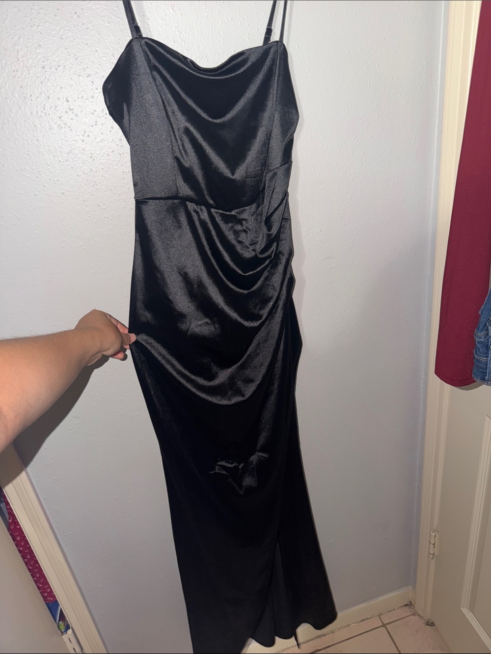 Classic Black Satin Zip-Up Dress with Spaghetti Straps